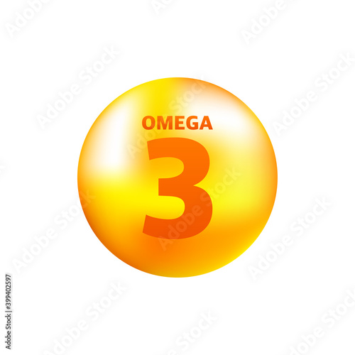 Vitamin omega 3 with realistic drop on gray background. Particles of vitamins in the middle. Vector illustration.