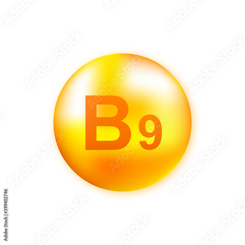 Vitamin B9 with realistic drop on gray background. Particles of vitamins in the middle. Vector illustration.