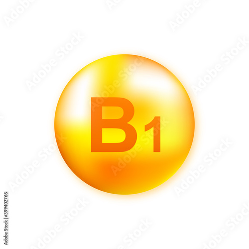 Vitamin B1 with realistic drop on gray background. Particles of vitamins in the middle. Vector illustration.