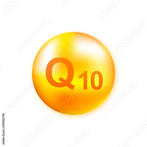 Vitamin complex Q10 with realistic drop on gray background. Particles of vitamins in the middle. Vector illustration.