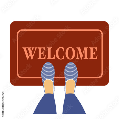 Welcome doormat with blue shoes in flat design concept vector illustration on white background.