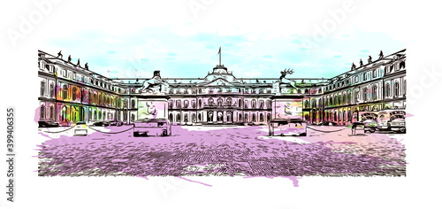 Building view with landmark of Stuttgart is the 
city of Germany. Watercolour splash with hand drawn sketch illustration in vector.