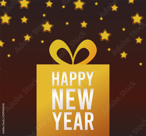 happy new year lettering card with golden stars and gift