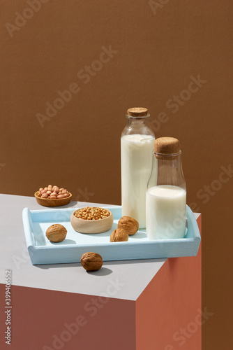 Vegan non diary milk. Alternative types of milks. Vegan food concept photo
