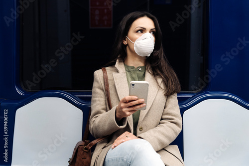 Woman covering her face with protective mask photo