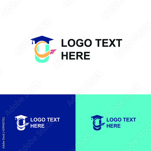 Initial letter U with toga hat  graduation gown and paper plane flying around for education academy logo concept 