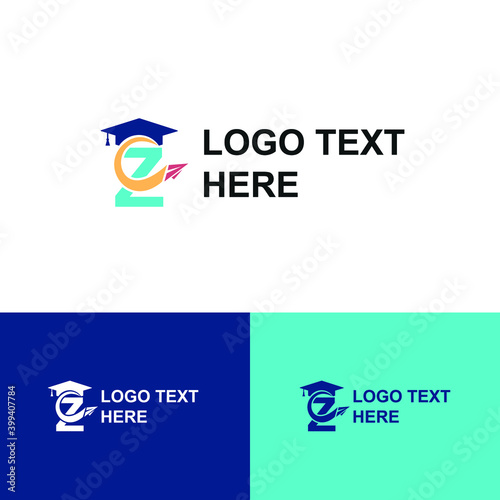 Initial letter Z with toga hat  graduation gown and paper plane flying around for education academy logo concept 