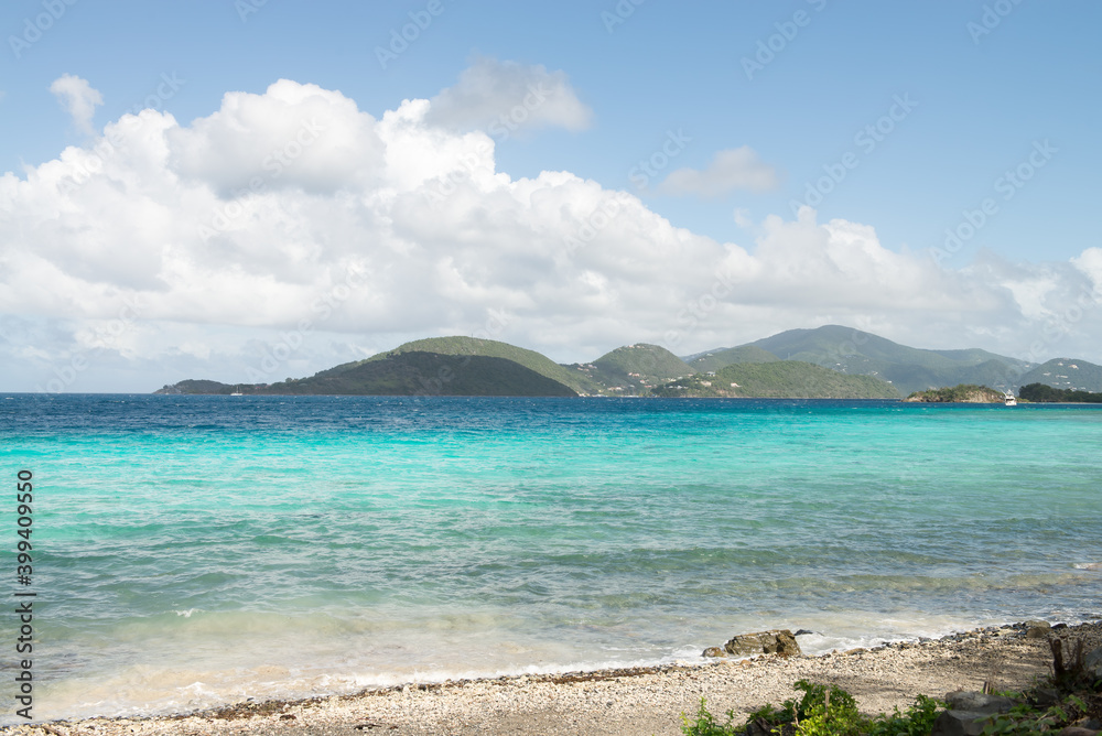 Shoreline of St. Thomas in the Virgin Islands, with St. John in the background. 