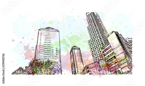 Building view with landmark of Istanbul is a major city in Turkey. Watercolor splash with hand drawn sketch illustration in vector.