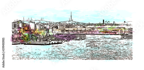 Building view with landmark of Istanbul is a major city in Turkey. Watercolor splash with hand drawn sketch illustration in vector.
