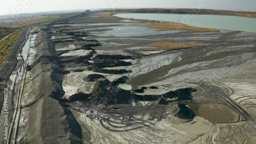 Aerial view of environmentally dangerous toxic water in a tailing dam at a mine