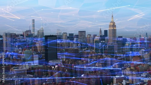 Aerial view of Manhattan Skyline with connections. Technology-Futuristic. Shot of midtown Manhattan at daylight.