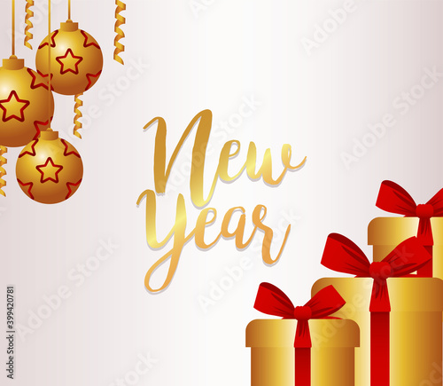 happy new year lettering card with stars in golden balls and gifts