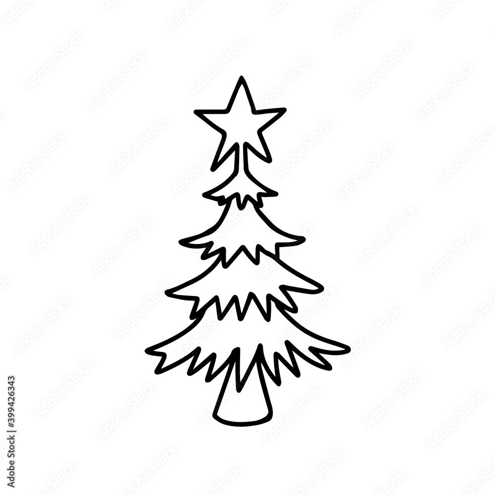 Obraz premium Black outline hand drawing vector illustration of a carved Christmas fir tree isolated on a white background