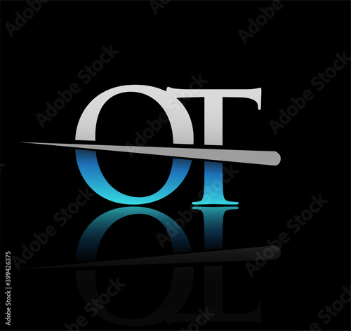 initial logotype letter OT company name colored blue and silver swoosh design. vector logo for business and company photo