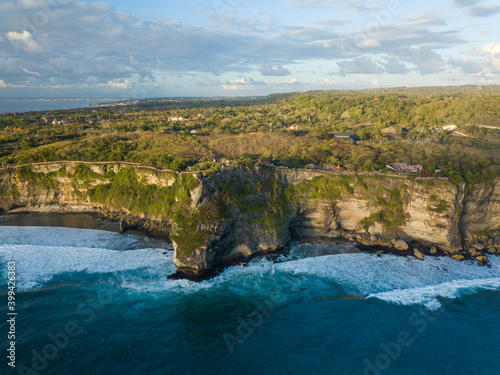 Aerial view of Uluwatu Temple  Pura Luhur Uluwatu  Balinese Hindu temple located in Uluwatu sea. It is renowned for its magnificent location  perched on top of a cliff.