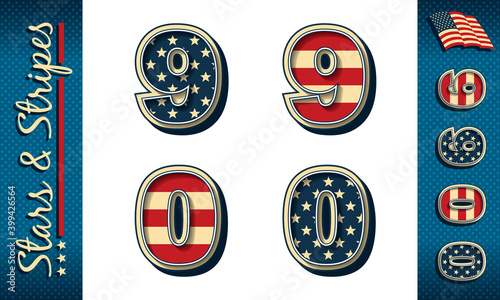 Numbers 9 and 0. Stylized vector numerals with USA flag elements and colors, isolated on white, with example on dark background.