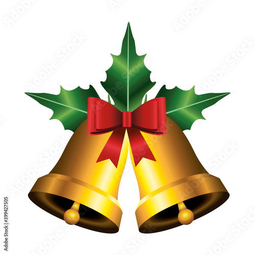 happy merry christmas golden bells with leafs and bow