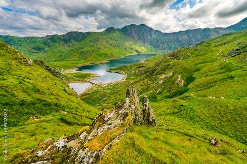 Fototapeta Naklejka Na Ścianę i Meble -  Beautiful landscape Snowdon National Park in North Wales overlooking Llyn Llydaw lake 