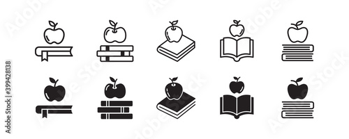 Book and apple icon set. Vector graphic illustration. Suitable for website design, logo, app, template, and ui. 