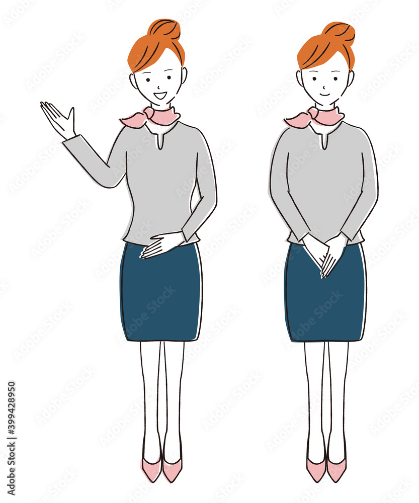 Stockvector 手書き線画カラーイラスト キャビンアテンダント挨拶と案内 添乗員 女性 全身 Adobe Stock