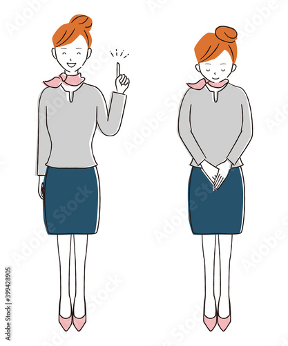 手書き線画カラーイラスト　指差しとお辞儀キャビンアテンダント　添乗員　女性　全身