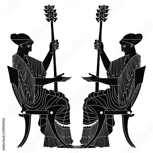 Symmetrical design with two seated ancient Greek women holding thyrsus. Black and white silhouette.