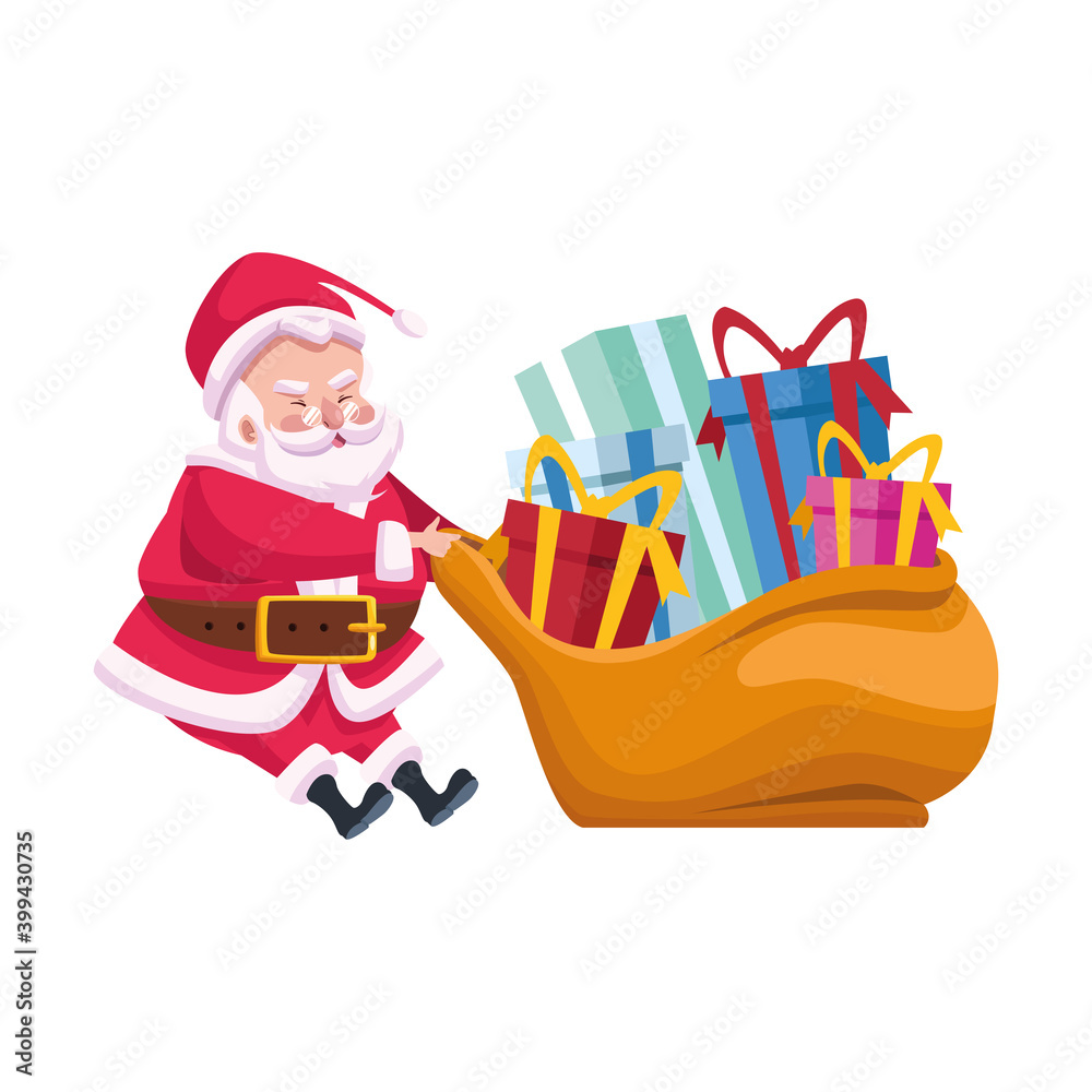 cute santa claus with gifts bag character