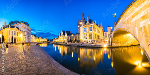 Panorama of Graslei, Korenlei quays and Leie river in the historic city center in Ghent (Gent), Belgium