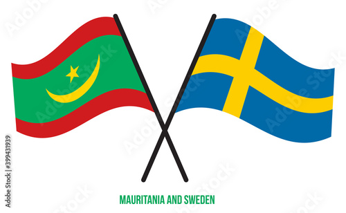 Mauritania and Sweden Flags Crossed And Waving Flat Style. Official Proportion. Correct Colors.