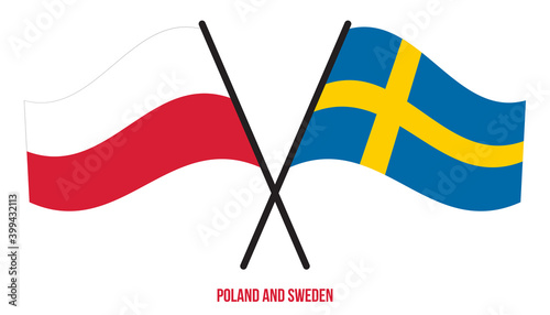 Poland and Sweden Flags Crossed And Waving Flat Style. Official Proportion. Correct Colors.