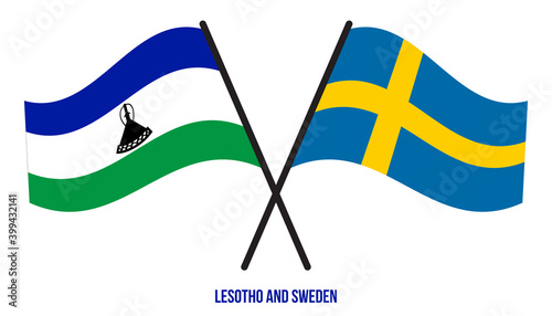 Lesotho and Sweden Flags Crossed And Waving Flat Style. Official Proportion. Correct Colors.