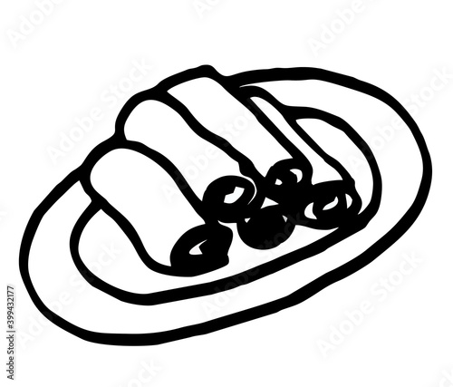 Icon stuffed pancakes, dessert painted in black and white on a white background. Vector image