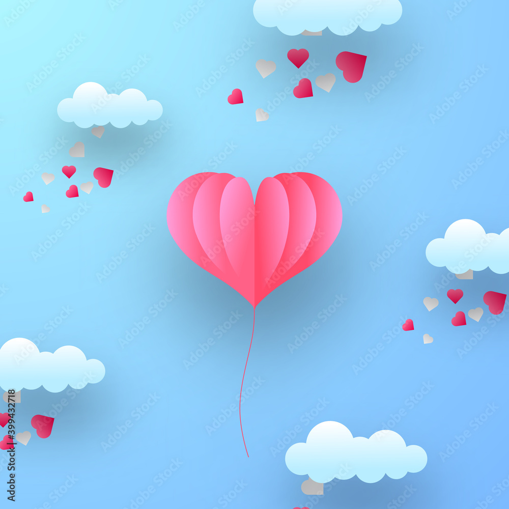 Valentine greeting card soft pastel love romance decoration with paper cut style of flying hearth shape balloon