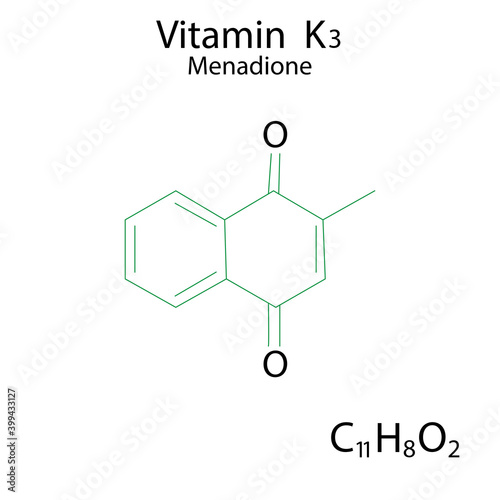 Flat illustration with menadione formula. Food illustration. K3 Molecular structure. Stock image. EPS10.