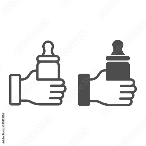 Bottle with pacifier in hand line and solid icon, Mother day concept, baby milk bottle sign on white background, baby bottle with pacifier icon in outline style for mobile and web. Vector graphics.