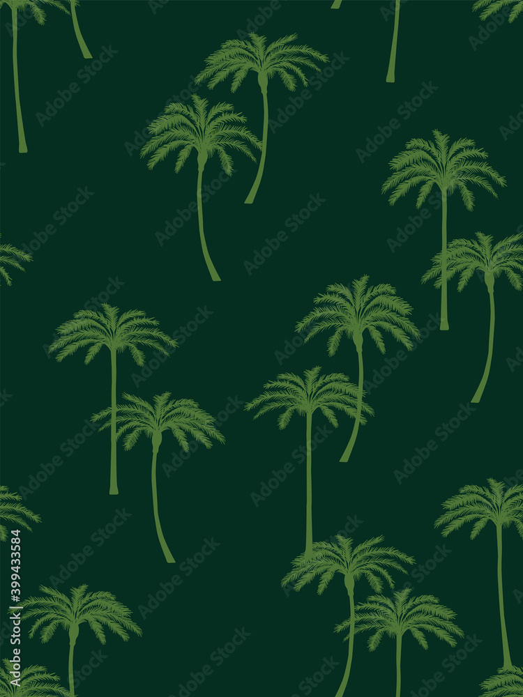 Realistic illustration of palm trees. Seamless pattern. Flat vector in green colors