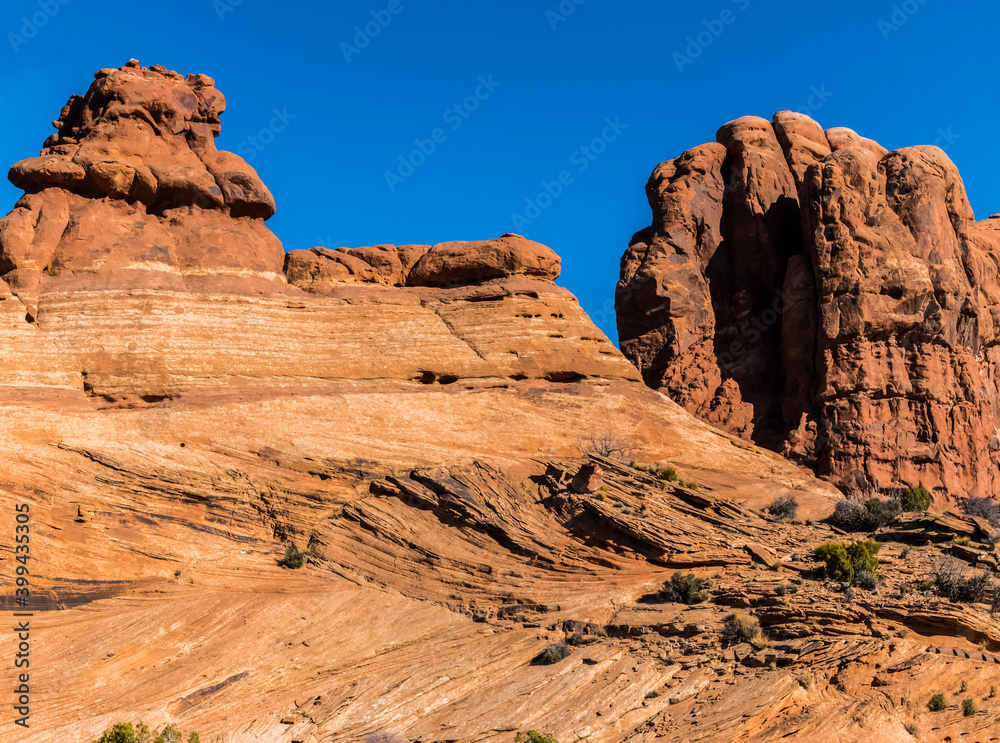 Sandstone Tower and Elephant Butte, The Garden of Eden, Arches National Park, USA