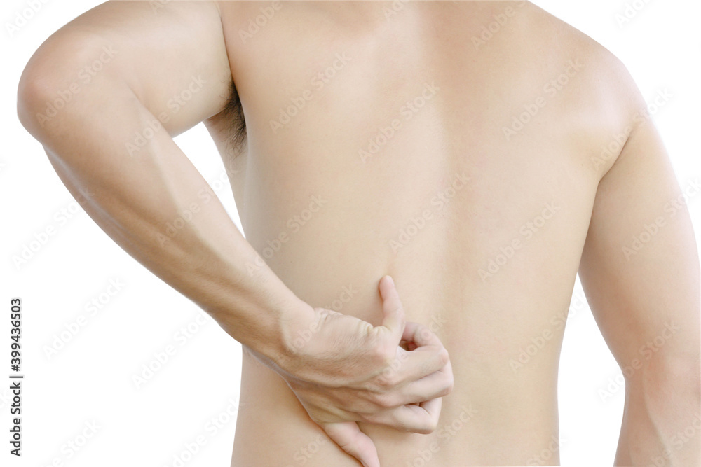 Naklejka premium Young man hand holding with backache on white background, health care and medical concept