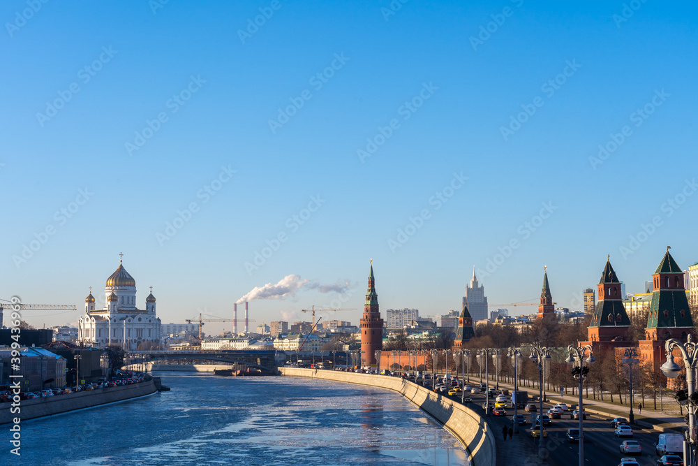 View of the Moscow Kremlin, Moscow river, and the Cathedral of Christ the Saviour from Bol'shoy Moskvoretskiy Most. Russia. 9 December 2020