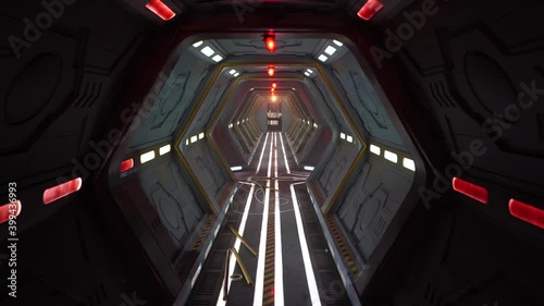 Real shot of futuristic sci-fi hallway on spaceship. On film set moving through realistic run down industrial station gangway to control room. Sound stage science fiction construction.