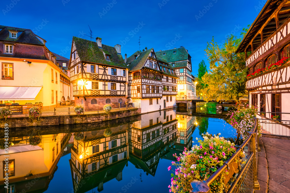 Old town water canal of Strasbourg, Alsace, France. Traditional half timbered houses of Petite France at dawn