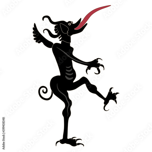 Silhouette of medieval demon or devil from Christian hell with long protruded tongue.
