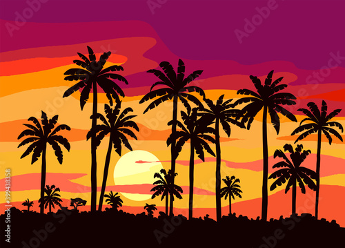 silhouettes of palm trees. sunset on a tropical island