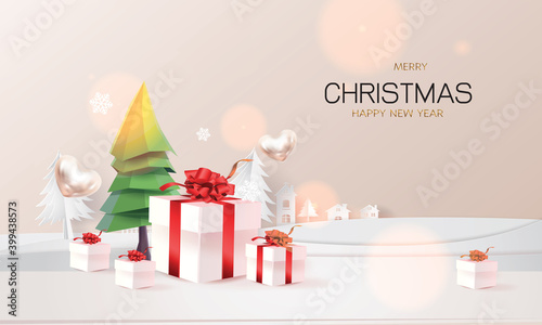 paper art polygon Merry christmas and Happy New Year.gifts boxes Holiday banner in winter season web poster, flyer, stylish brochure, greeting card, minimal illustation vector.