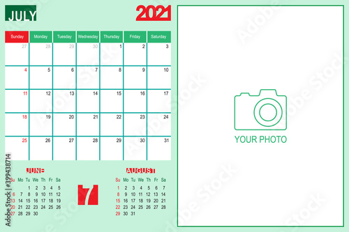 July 2021 Calendar Monthly Planner Design