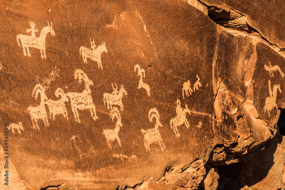 Obraz premium Native American Petroglyphs at Wolf Ranch, Arches National Park, Utah, USA