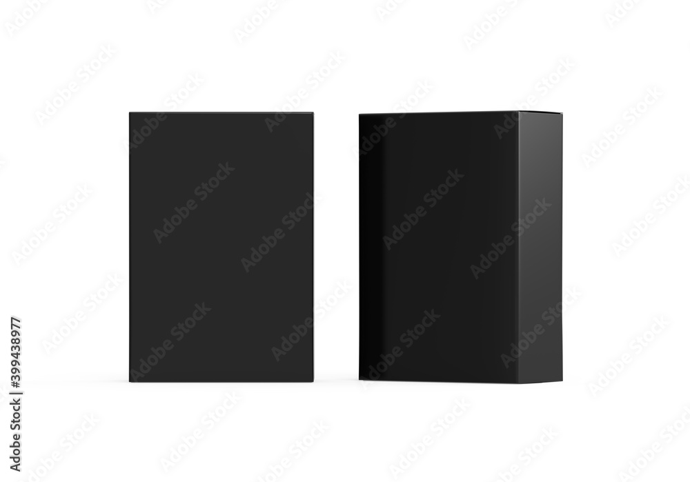 Black blank cardboard package box mockup template on isolated white background, ready for design presentation, 3d illustration Black blank cardboard package box mockup template on isolated white background, ready for design presentation, 3d illustration