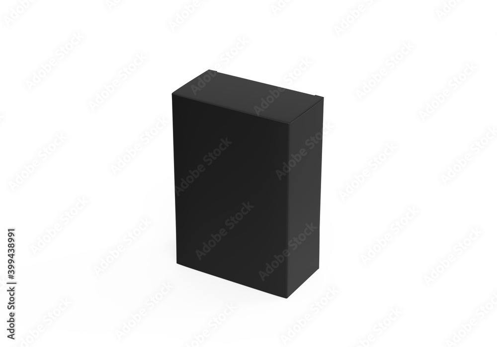 Black blank cardboard package box mockup template on isolated white background, ready for design presentation, 3d illustration