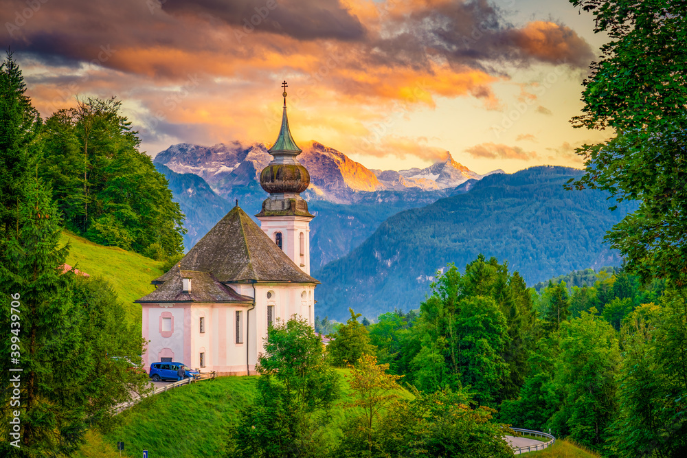 Maria Gern church with famous Watzmann summit in the background Berchtesgadener Land, Bavaria, Germany